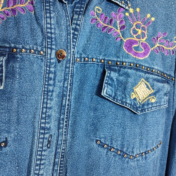 Vintage Embroidered Heavy Denim Long Shirt Dress - Picture 3 of 4